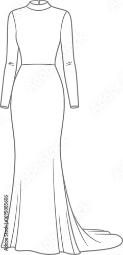 Elegant long sleeve dress fashion sketch, tailored silhouette vector drawing for bespoke design