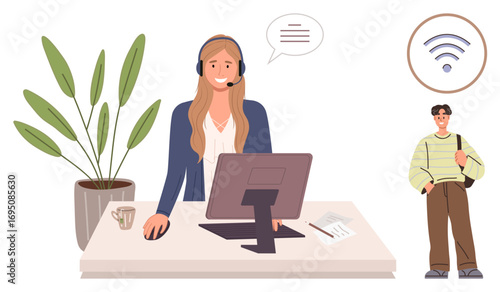 Customer support agent at desk with headset and computer, assisting remotely a client stands nearby. Ideal for tech services, remote help, connectivity, customer care, communication, workplace. A