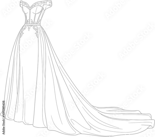 Elegant off-the-shoulder gown sketch with flowing train for bridal design projects