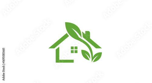 Green eco friendly house logo with leaves for sustainable living.