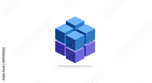 Abstract 3D isometric cube logo made of smaller blocks.