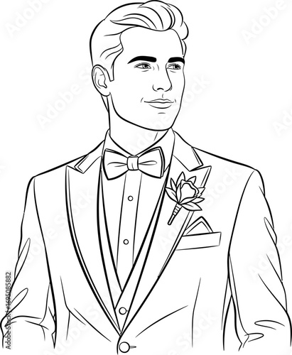Elegant Line Art: Groom in Tuxedo with Bow Tie, Evoking Classic Formal Occasions