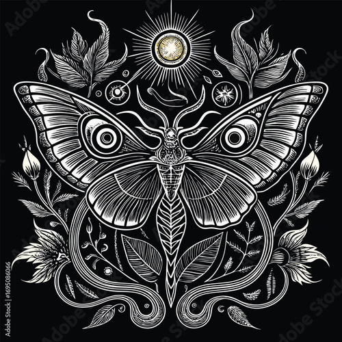 Monochrome Ornate Celestial Moth and Flowers Illustration