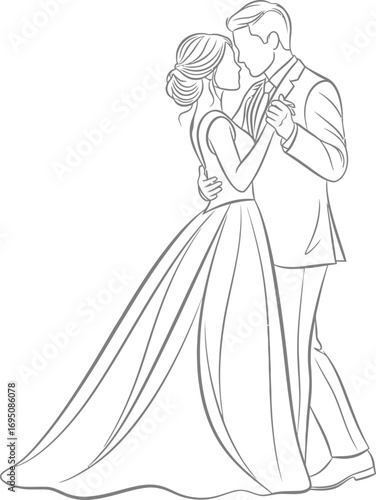 Elegant wedding sketch portraying a couple sharing their first dance and tender kiss