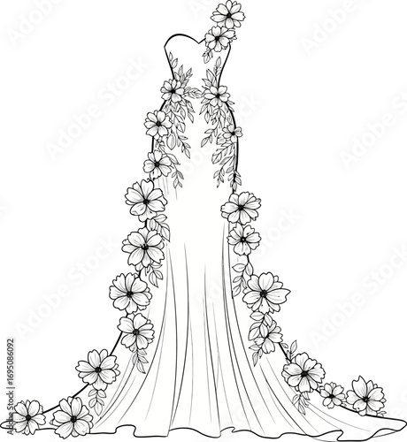 Elegant floral wedding dress sketch showcases graceful feminine silhouette and botanical
