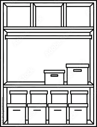 Neatly organized storage solution with shelves, boxes, and minimalist design aesthetics