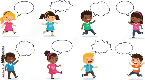 Group of diverse children with speech bubbles suggesting communication and friendship amongst