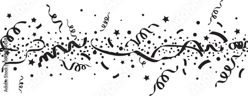 Black and white confetti streamers and stars falling on white background celebration