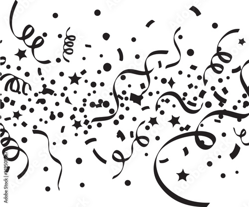 Black confetti and streamers on white background celebration pattern party