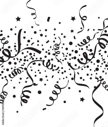 Black confetti streamers and stars falling on white background ribbon
