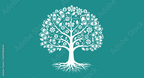 Money Tree with Currency Leaves and Strong Roots.