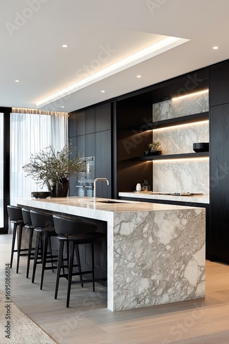 Modern, dark kitchen with marble island
