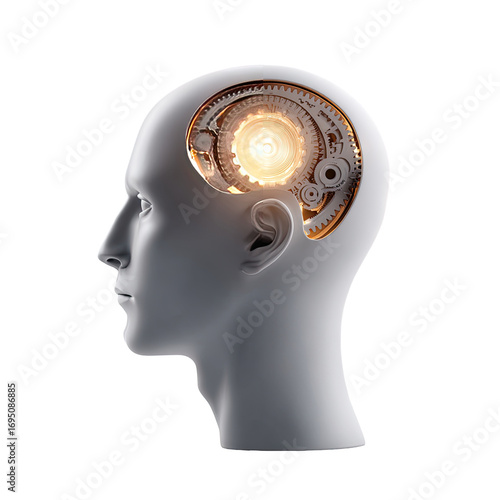 Profile view of a human head with intricate gears and cogs inside, suggesting a mechanical brain.  The gears are bright, light-emitting.  Light emanates from the center.