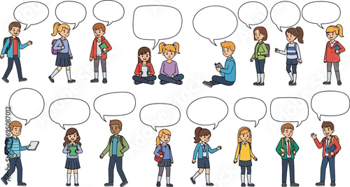 Diverse group of students with blank speech bubbles provides creative possibilities for design