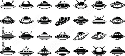 Collection of Black and White UFO Illustrations in Various Design Styles for Science Fiction