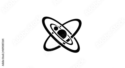 Stylized atomic planet icon with intersecting orbital rings.