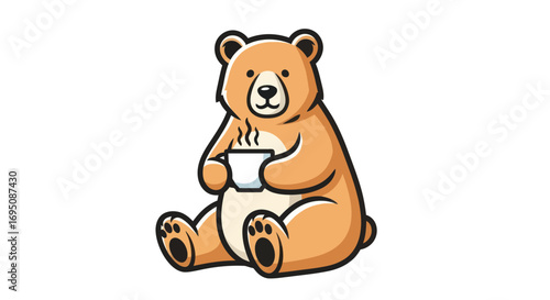 Cute cartoon brown bear sitting and holding a hot drink.