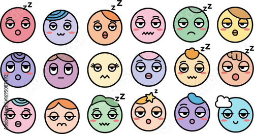 Assorted sleepy emoji characters seamless pattern, each face displaying a unique expression of