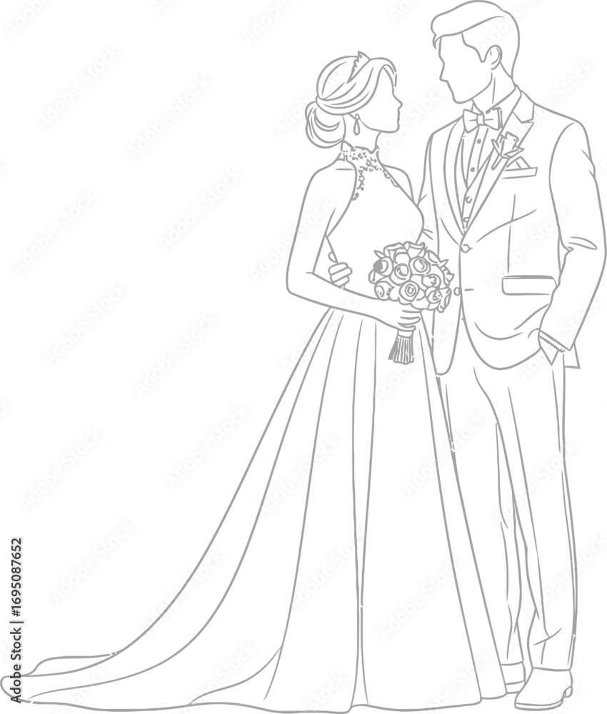 Fototapeta premium Elegant wedding couple line art illustration capturing romance and commitment gracefully drawn