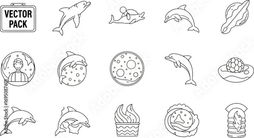 Collection of minimalist outline drawings featuring dolphins, planets, and food icons