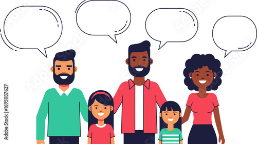 Diverse family communication with speech bubbles offering a modern visual narrative