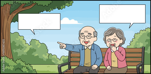 Elderly couple sitting on park bench and pointing with speech bubbles for messages or stories