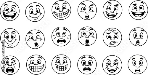 Diverse expressions through vintage cartoon faces presenting a timeless collection of feelings in