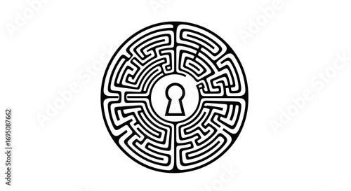 Intricate circular maze with keyhole representing a complex challenge and solution.