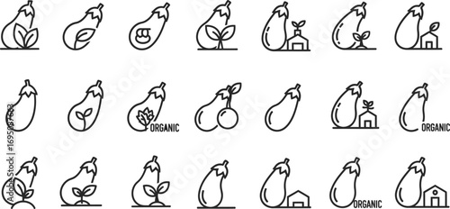 Assorted eggplant icons representing organic farming and fresh produce in a minimalistic style