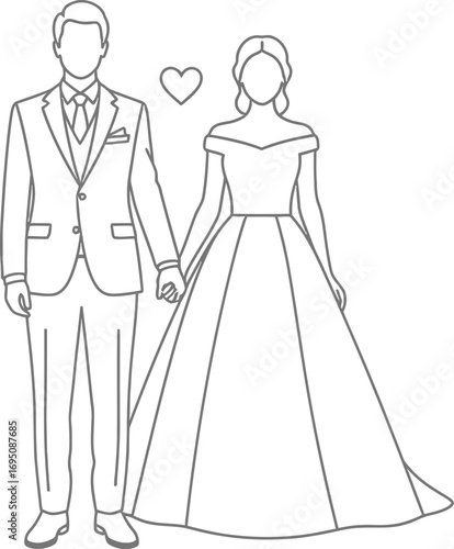 Elegant minimalist line art illustration of a wedding couple holding hands gracefully and standing