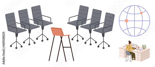 Modern office chairs with one unique seat, worker on a desk with a laptop, and a network globe. Ideal for teamwork, remote work, leadership, diversity, global connection, collaboration