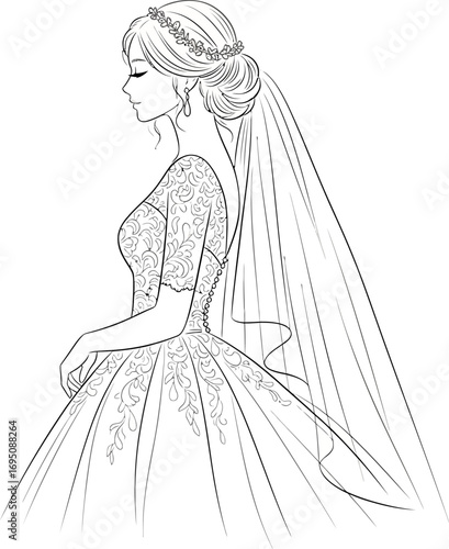 Elegant bride in a gown with intricate details, a minimalist illustration of matrimonial serenity