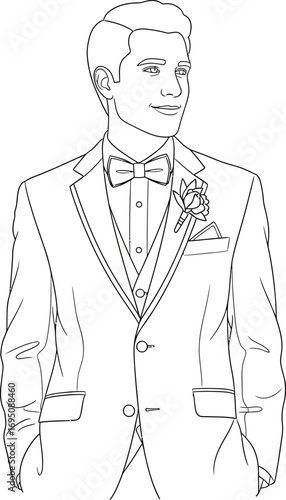 Elegant groom line art in tuxedo, a modern representation of male formal attire for invitations