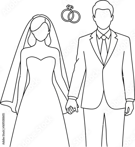Elegant wedding portrait of bride and groom silhouette, a minimalist monochrome line art design to