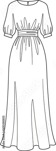 Elongated summer dress sketch showcasing flowing silhouette and elegant fabric detailing