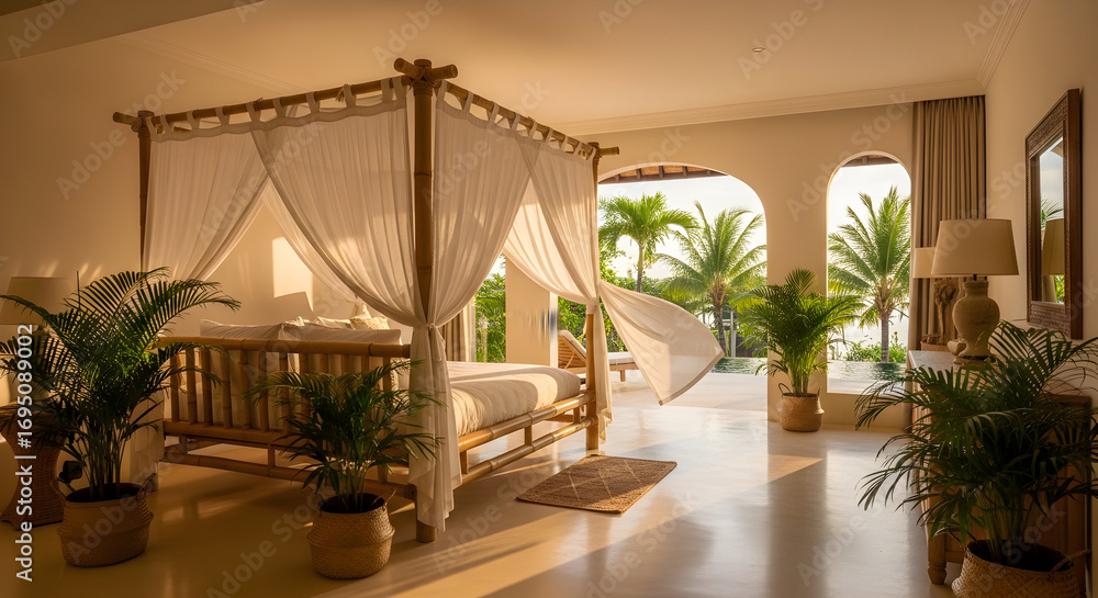 Fototapeta premium Exquisite Bedroom Interior With Canopy Bed Offering Tranquil Tropical View At Sunset
