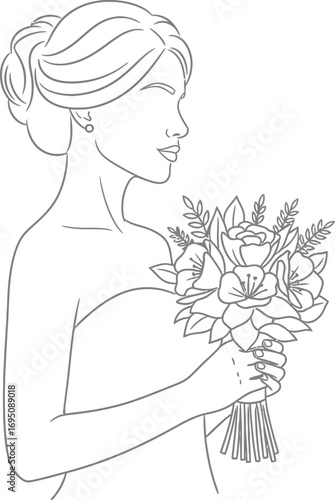 Elegant Line Art Depiction of a Bride Holding a Bouquet of Flowers for Celebration