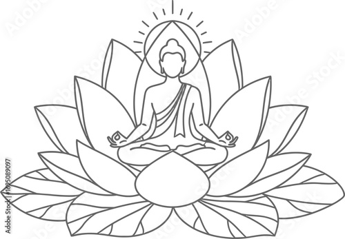 Line art depiction of serene figure in lotus pose representing tranquility and enlightenment