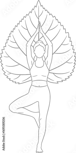 Minimalistic line art of a person in tree pose with a stylized leaf backdrop yoga posture and