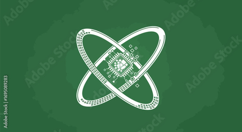 Intertwined digital circuit rings with central processor representing technological advancement and innovation.
