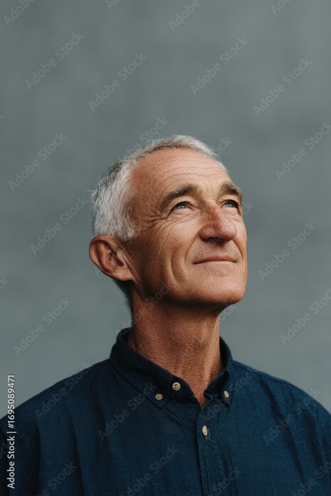 Obraz premium Smiling older man gazes upward, reflecting wisdom and serenity i