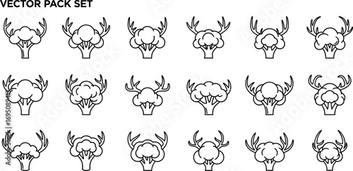 Broccoli and antlers vector icon collection, minimal lines, whimsical food art icons, vegetable