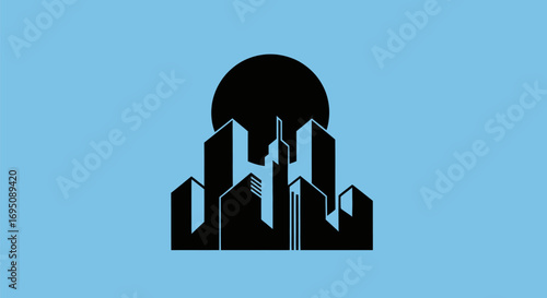 Modern Cityscape Silhouette with Dark Circular Backdrop.