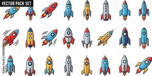 Collection of vector cartoon rocket ship icons in various colors and designs ideal for space