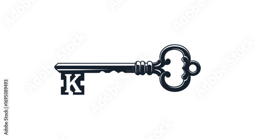 Vintage Skeleton Key with Letter K Engraved.