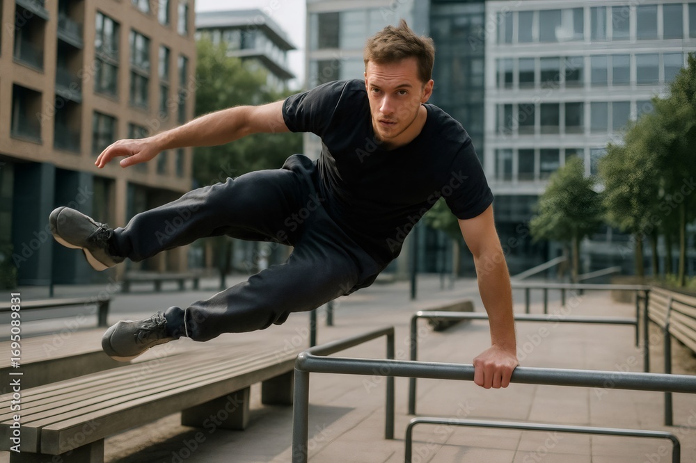 Fototapeta premium Concentrated sportsman jumping over a handrail while practicing parkour in an urban environment, showcasing agility and strength