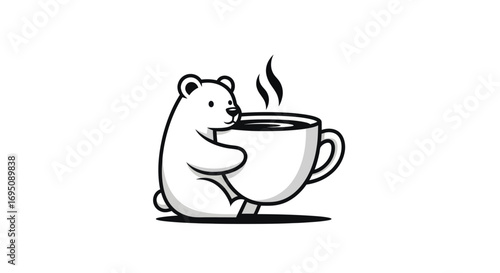 Polar Bear Hugging Coffee Cup Illustration.