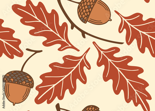 Oak leaves and acorns pattern in autumn colors on beige background  