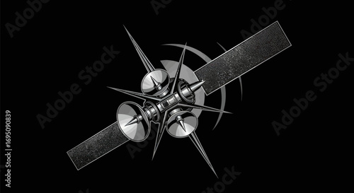Futuristic Satellite Design with Metallic Texture and Sharp Angles.