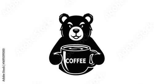 Bear Holding Coffee Mug Black and White Illustration.